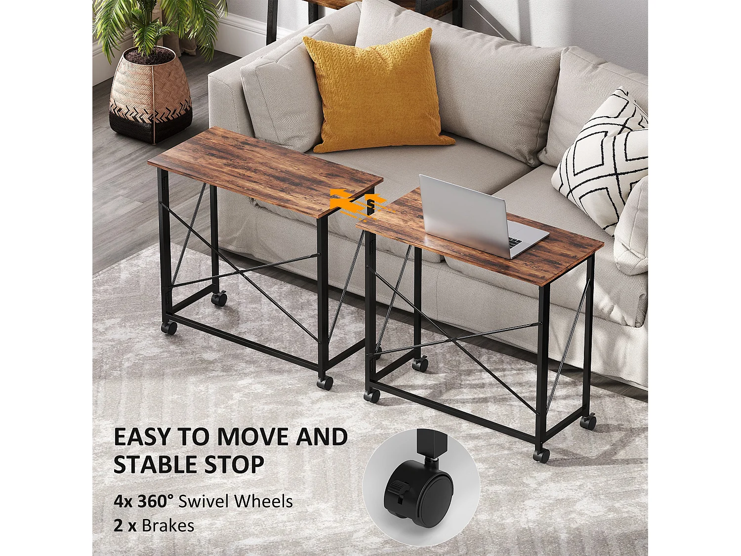 Maco 80cm Rustic Brown Folding Desk with Lockable Wheels