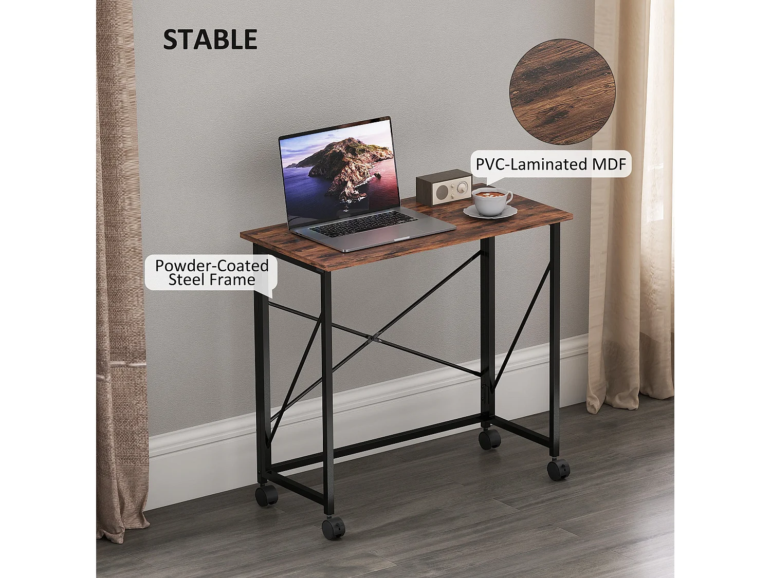 Maco 80cm Rustic Brown Folding Desk with Lockable Wheels