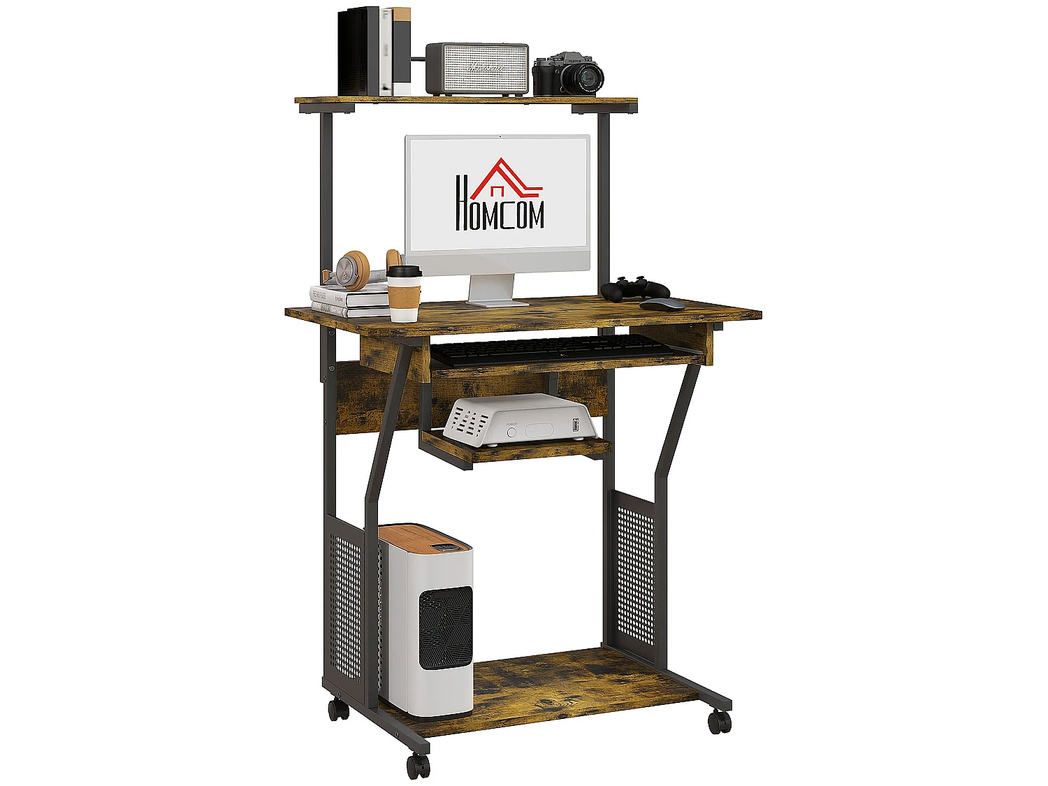 Nisuke 80cm Brown and Black Work Desk with Sliding Keyboard Tray and Storage