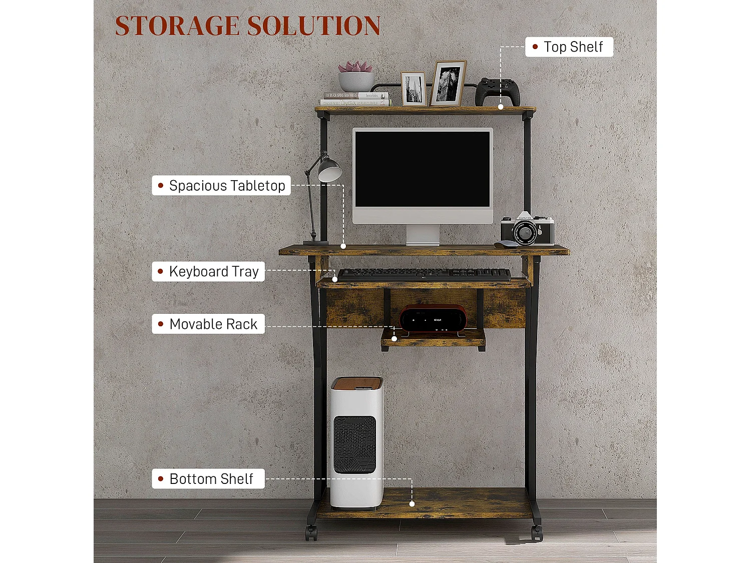 Nisuke 80cm Brown and Black Work Desk with Sliding Keyboard Tray and Storage