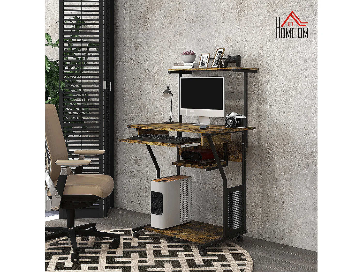 Nisuke 80cm Brown and Black Work Desk with Sliding Keyboard Tray and Storage