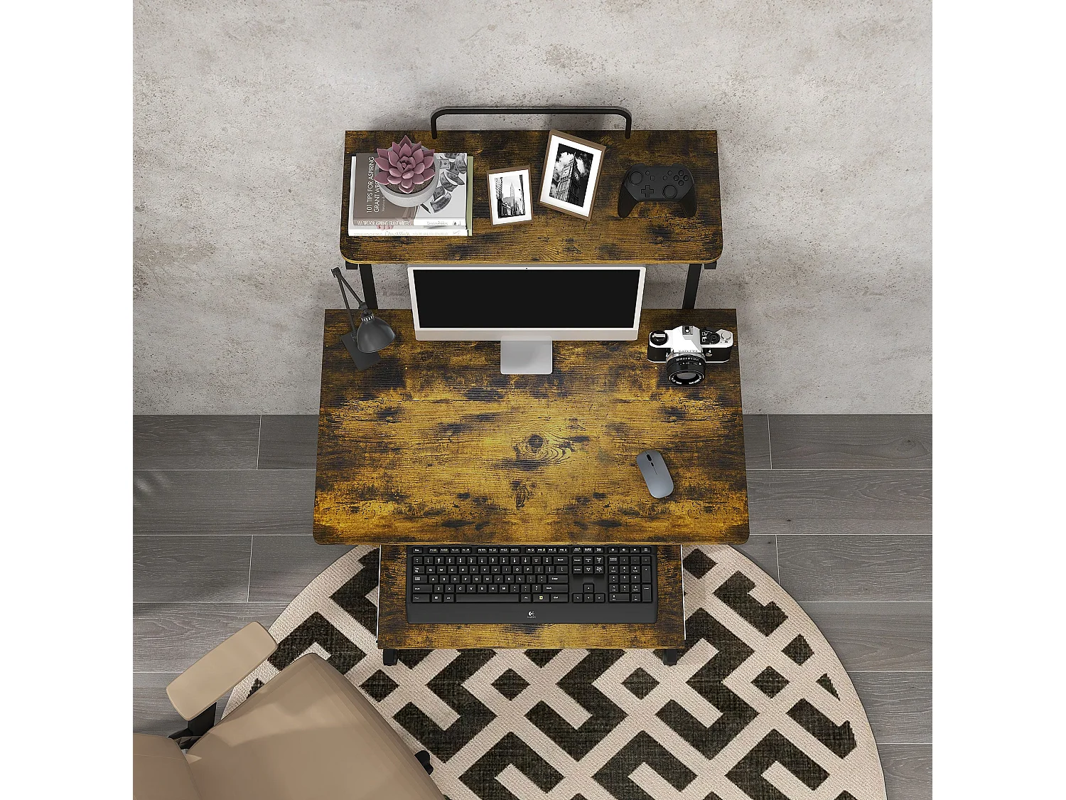 Nisuke 80cm Brown and Black Work Desk with Sliding Keyboard Tray and Storage
