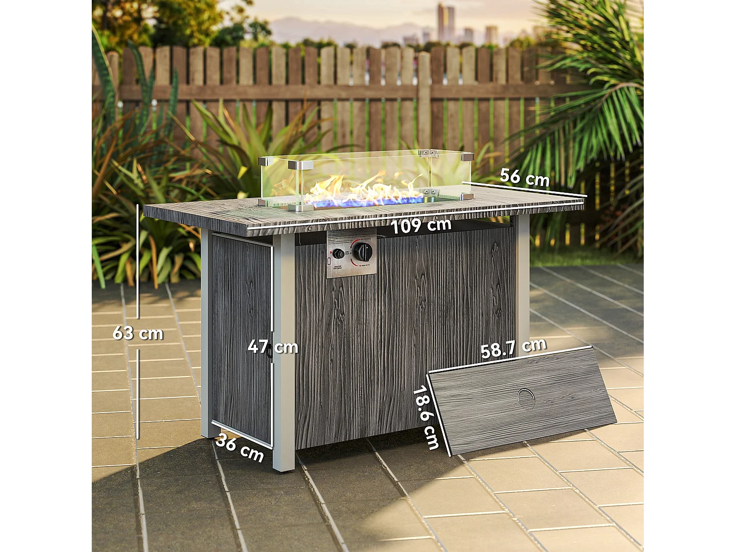 Luno Rectangular Dark Grey Steel Gas Fire Pit Table 50000 BTU