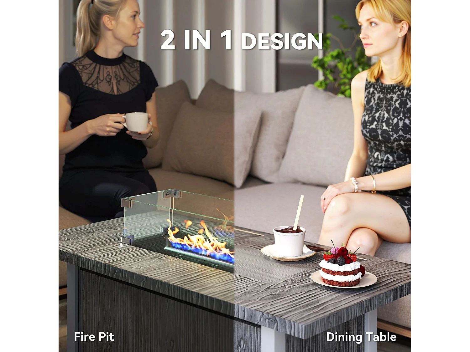 Luno Rectangular Dark Grey Steel Gas Fire Pit Table 50000 BTU