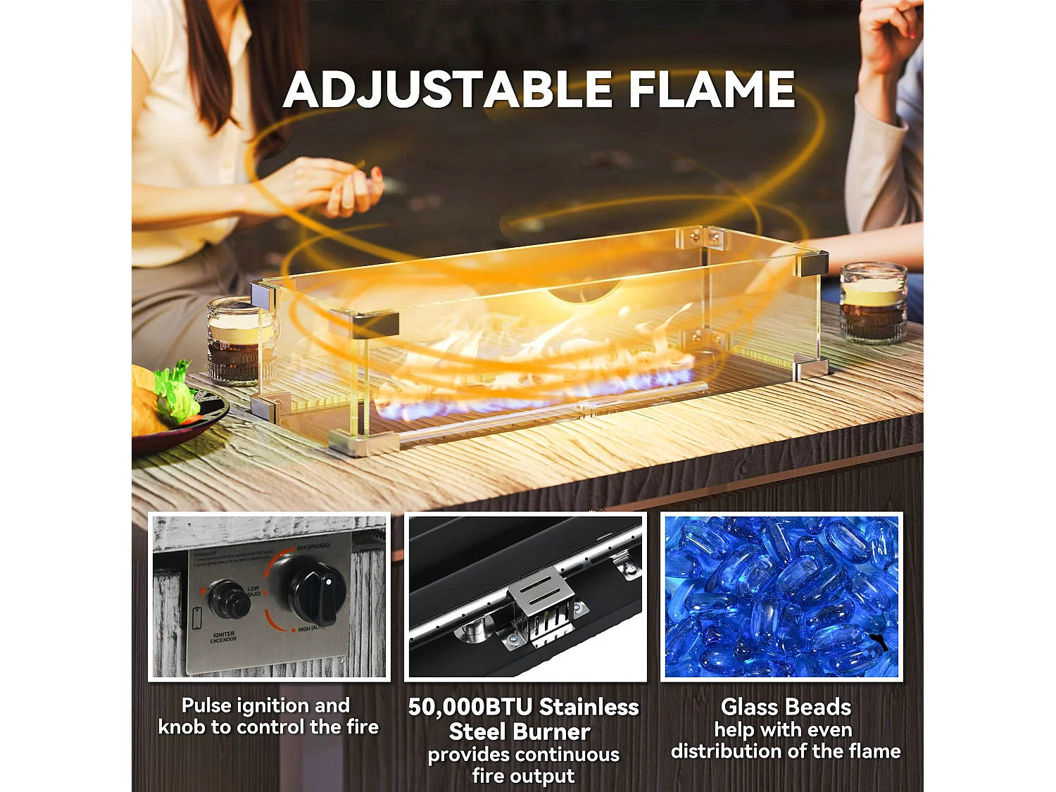 Luno Rectangular Dark Grey Steel Gas Fire Pit Table 50000 BTU