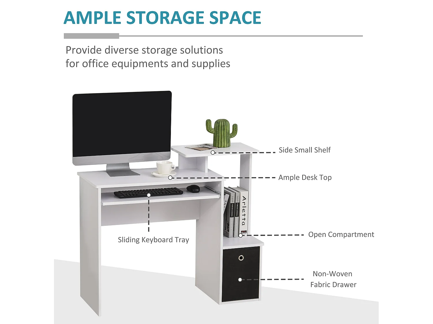 Tono 100cm White Home Office Desk Sliding Keyboard Tray Open Shelf Fabric Drawer