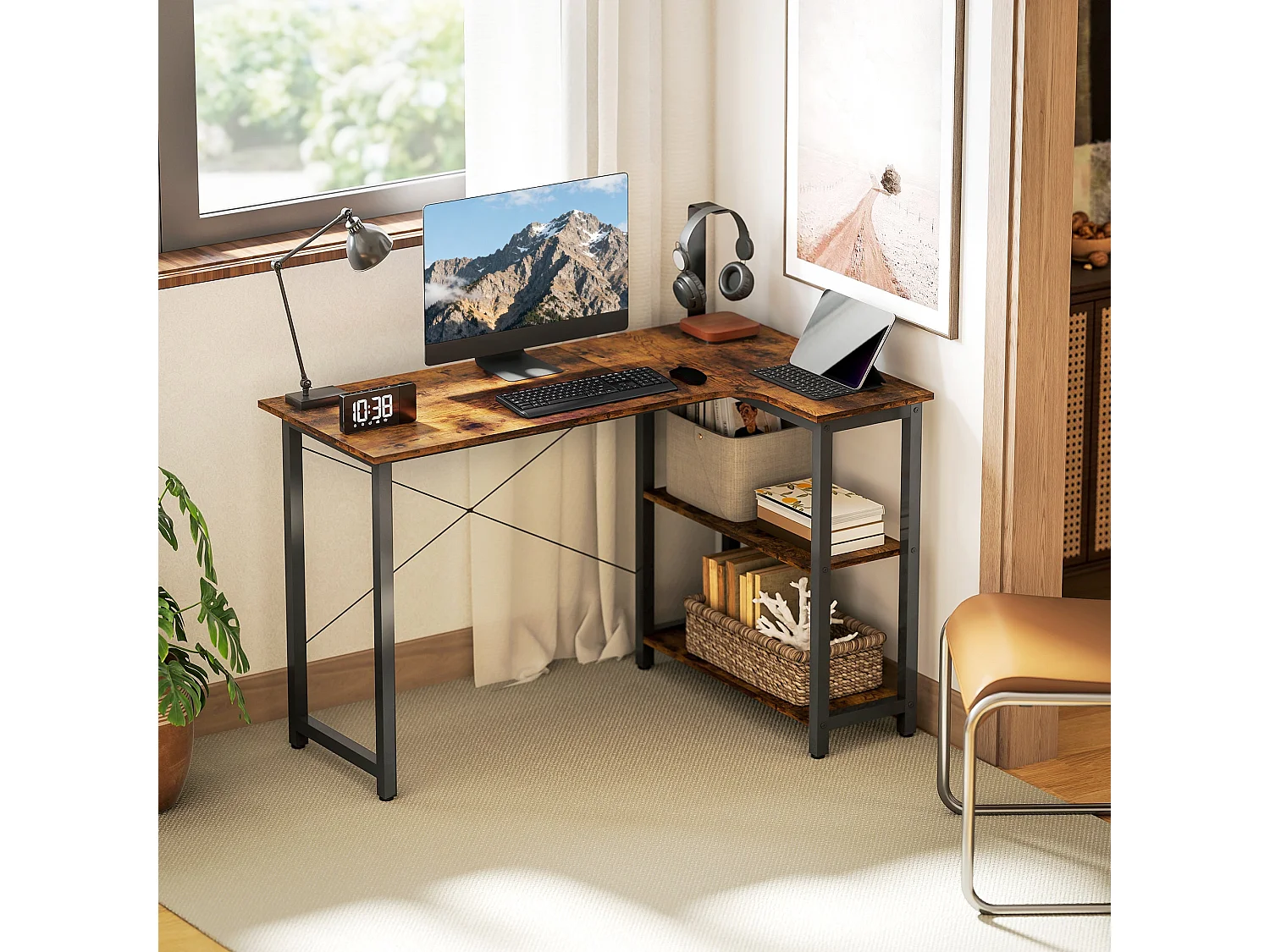 Morofi 120cm Rustic Brown L Shaped Desk with Integrated Bookshelf