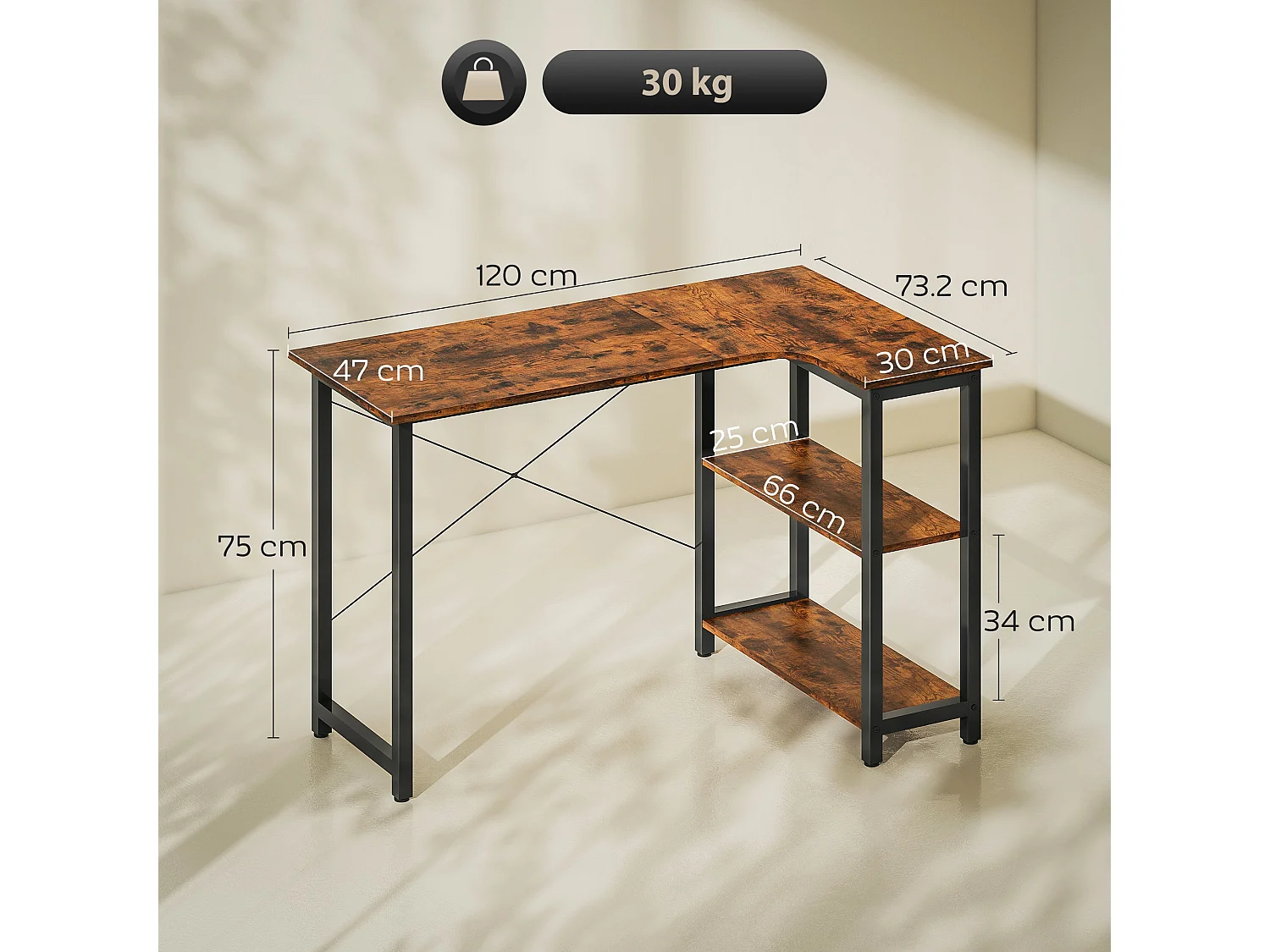 Morofi 120cm Rustic Brown L Shaped Desk with Integrated Bookshelf