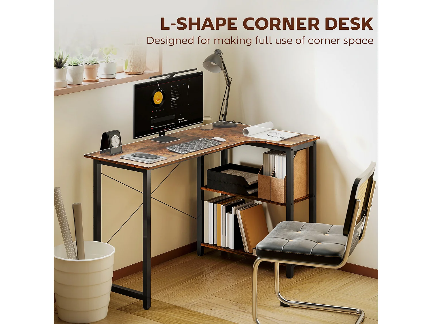 Morofi 120cm Rustic Brown L Shaped Desk with Integrated Bookshelf