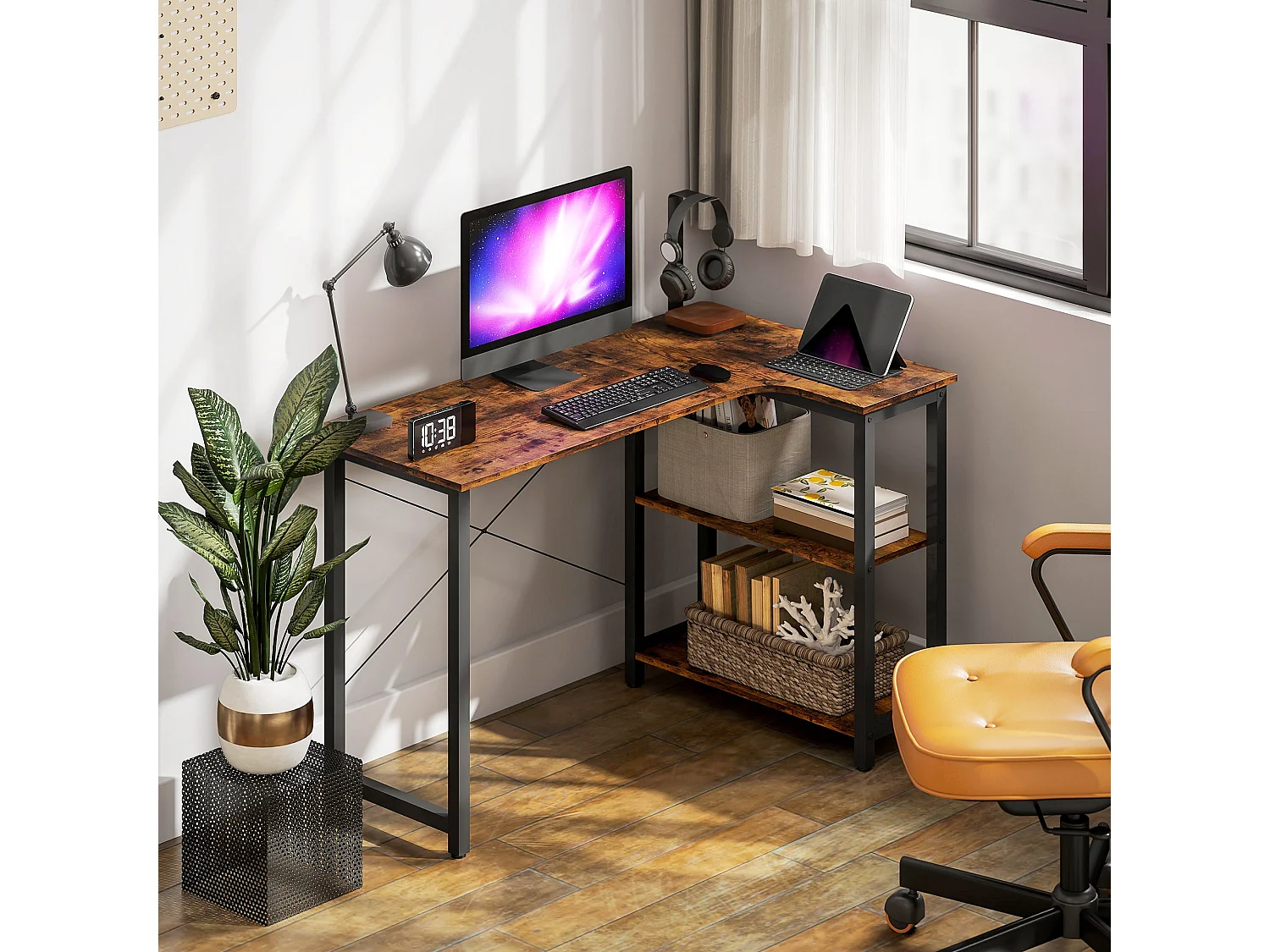 Morofi 120cm Rustic Brown L Shaped Desk with Integrated Bookshelf