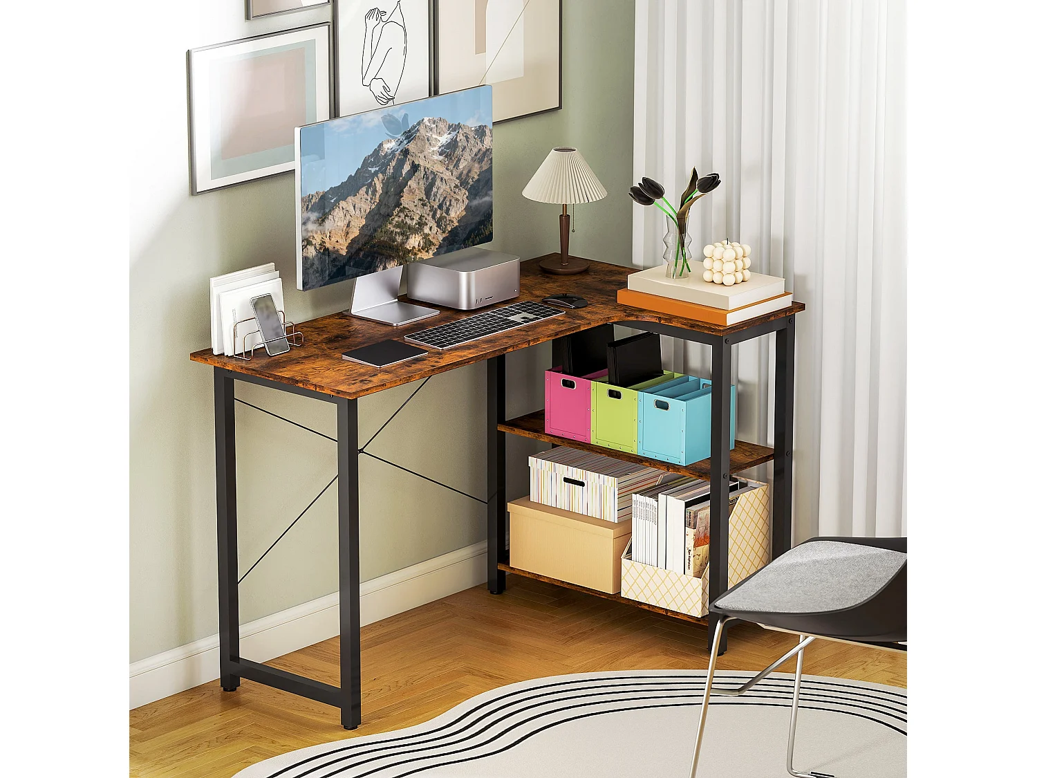 Morofi 120cm Rustic Brown L Shaped Desk with Integrated Bookshelf