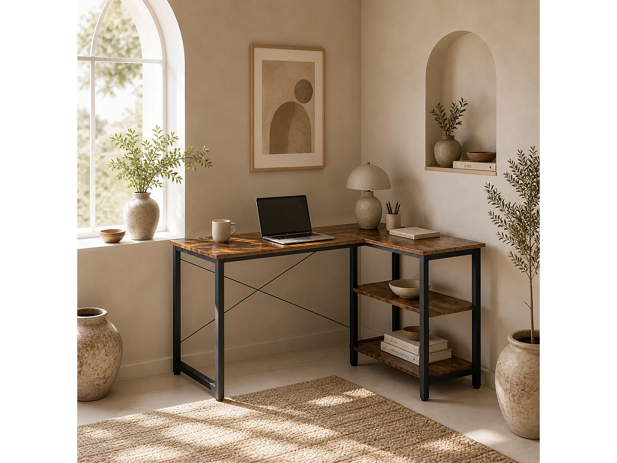Morofi 120cm Rustic Brown L Shaped Desk with Integrated Bookshelf