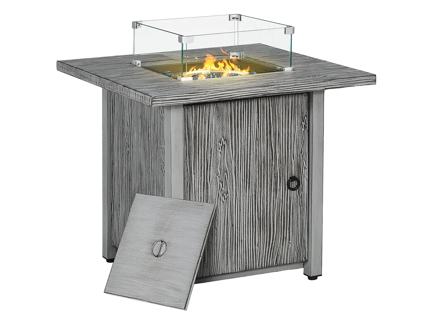Vesoka Steel Grey Square Outdoor Gas Fire Pit Table with Glass Screen and Cover