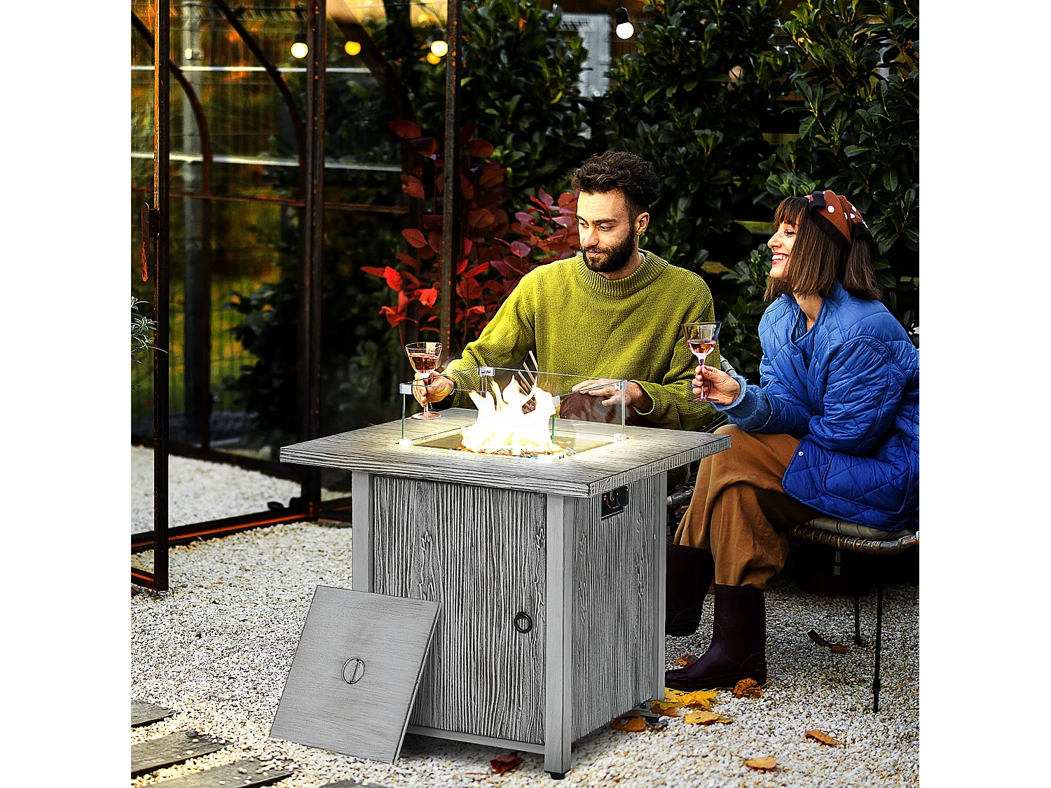 Vesoka Steel Grey Square Outdoor Gas Fire Pit Table with Glass Screen and Cover