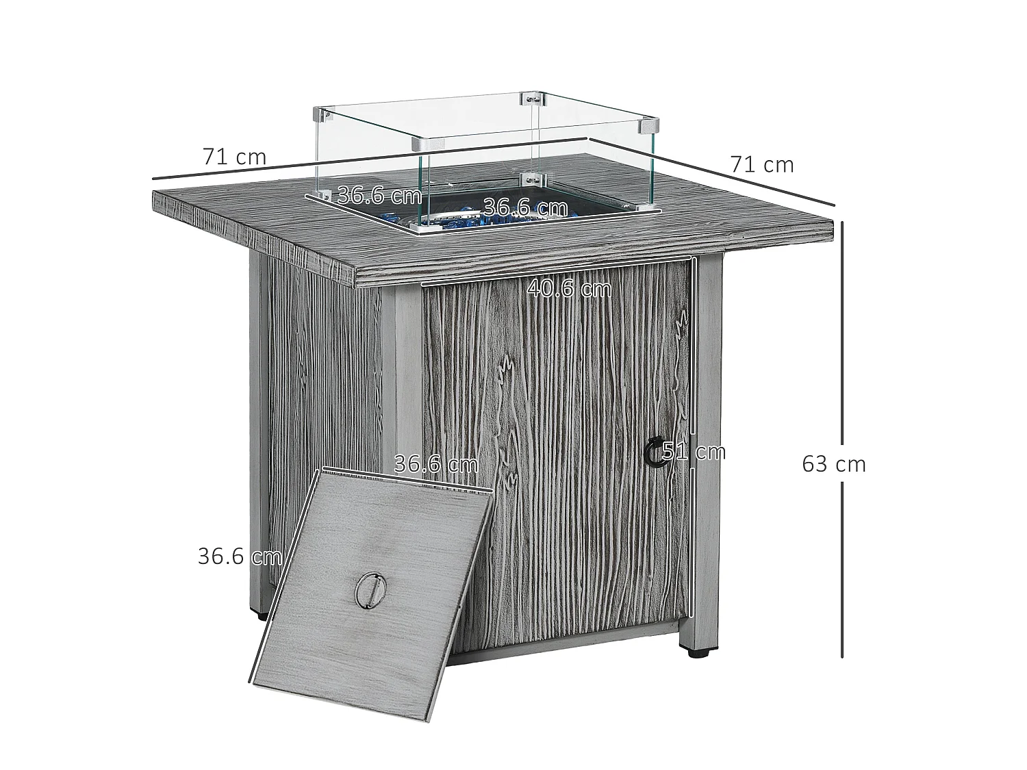 Vesoka Steel Grey Square Outdoor Gas Fire Pit Table with Glass Screen and Cover