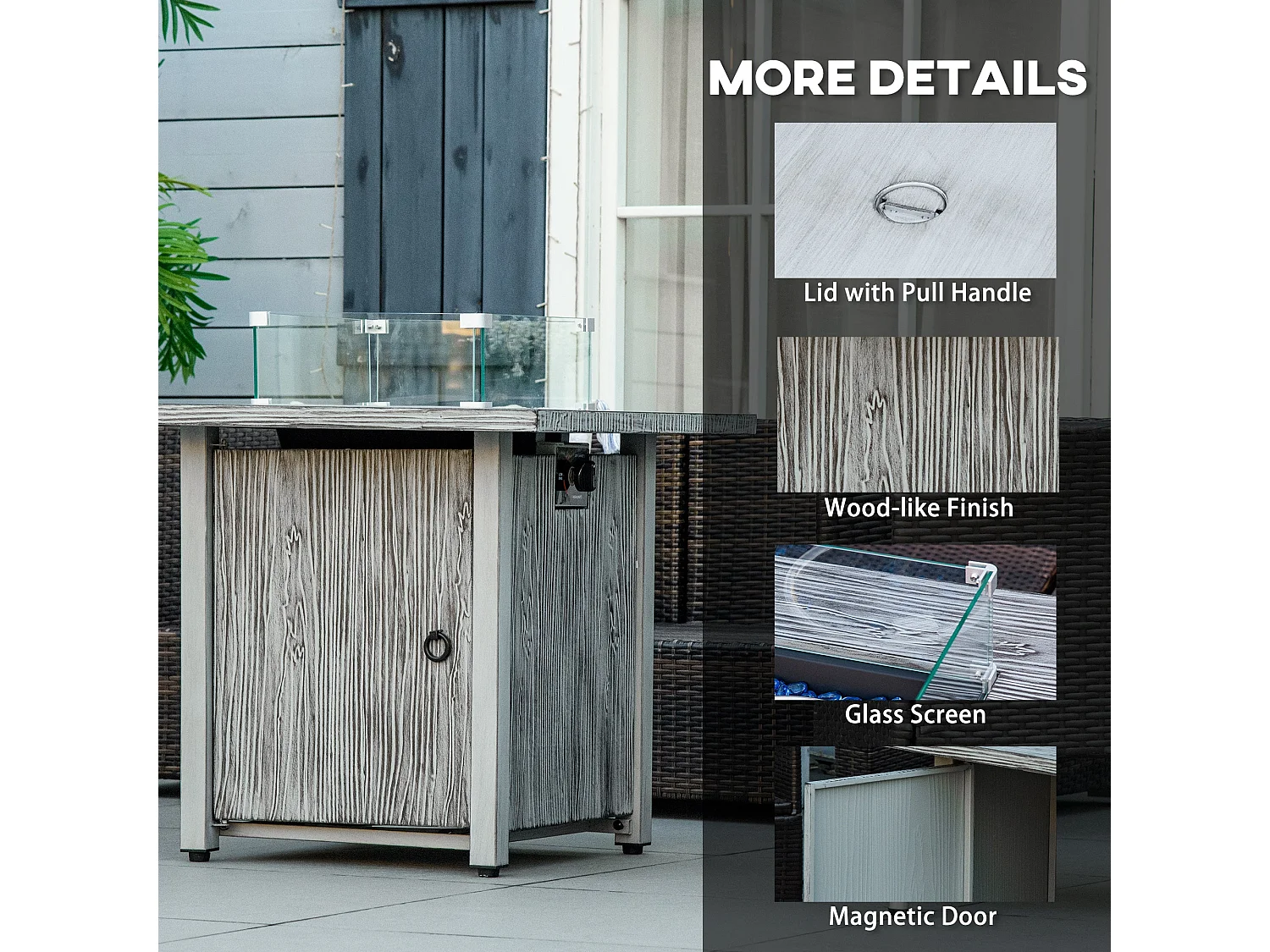 Vesoka Steel Grey Square Outdoor Gas Fire Pit Table with Glass Screen and Cover