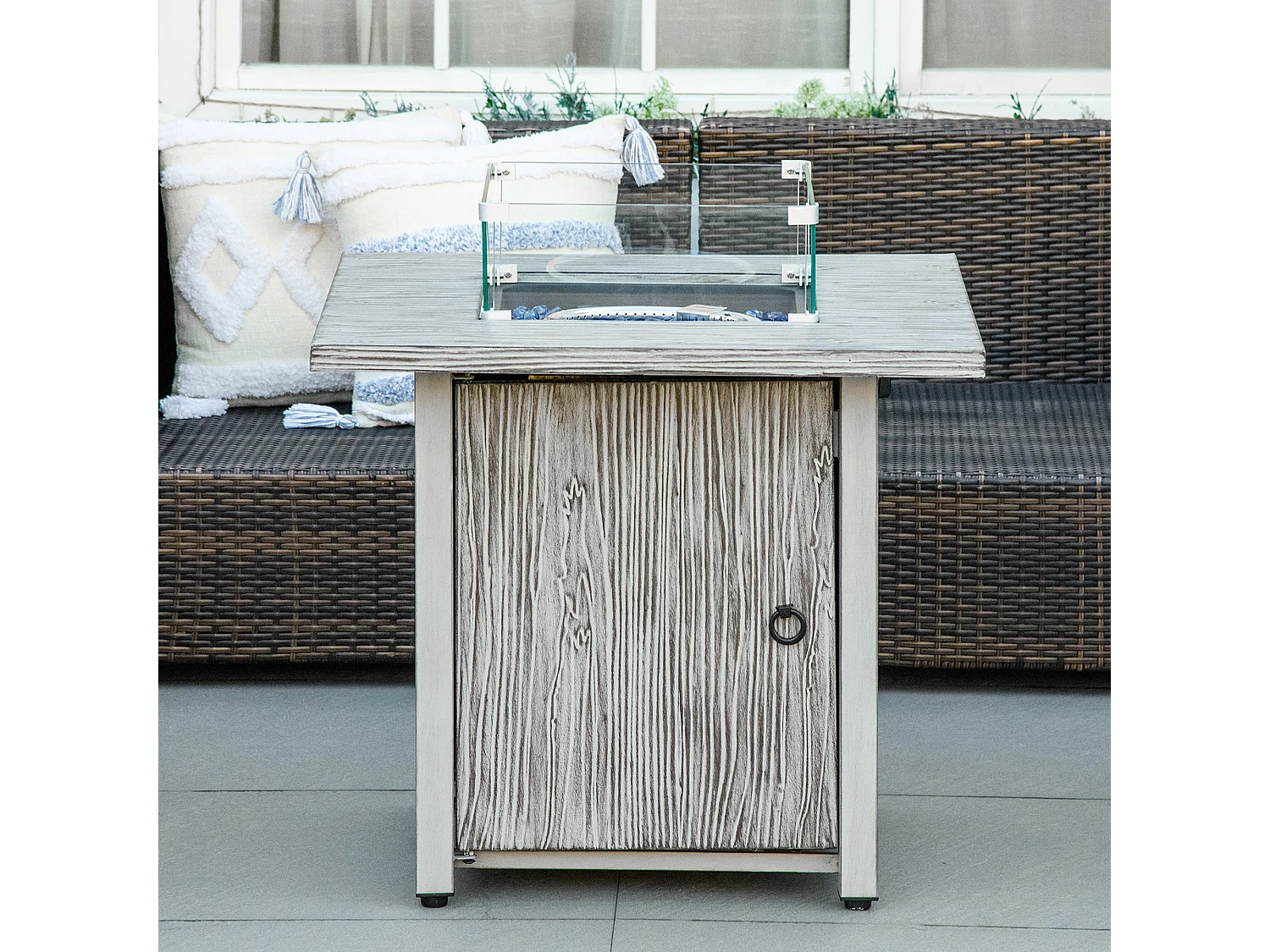 Vesoka Steel Grey Square Outdoor Gas Fire Pit Table with Glass Screen and Cover