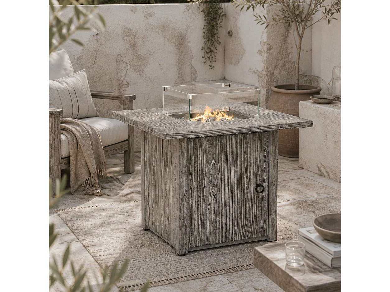 Vesoka Steel Grey Square Outdoor Gas Fire Pit Table with Glass Screen and Cover