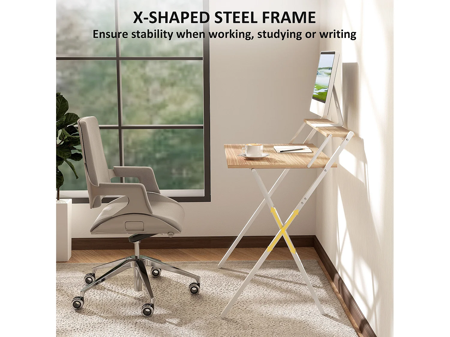 Mane 81.5cm Folding Desk Natural Wood Finish with Raised Monitor Shelf