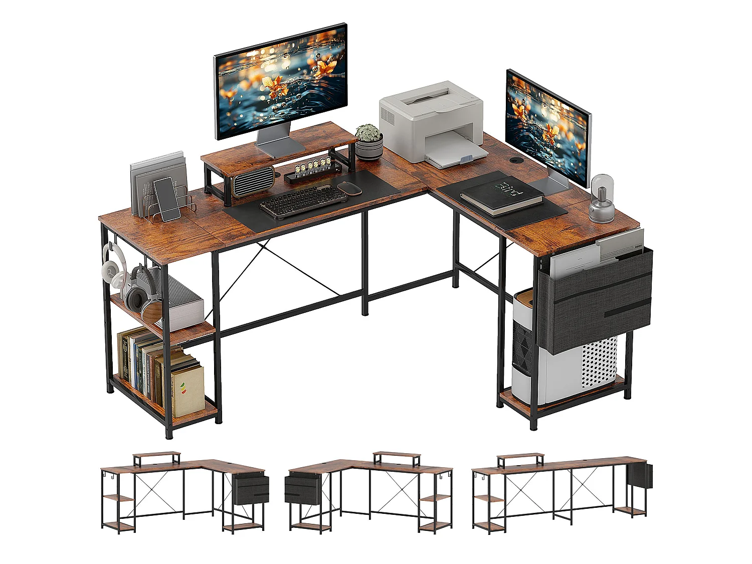 Lesano 168cm Rustic Brown Reversible L Shaped Desk with Adjustable Shelves and Monitor Stand