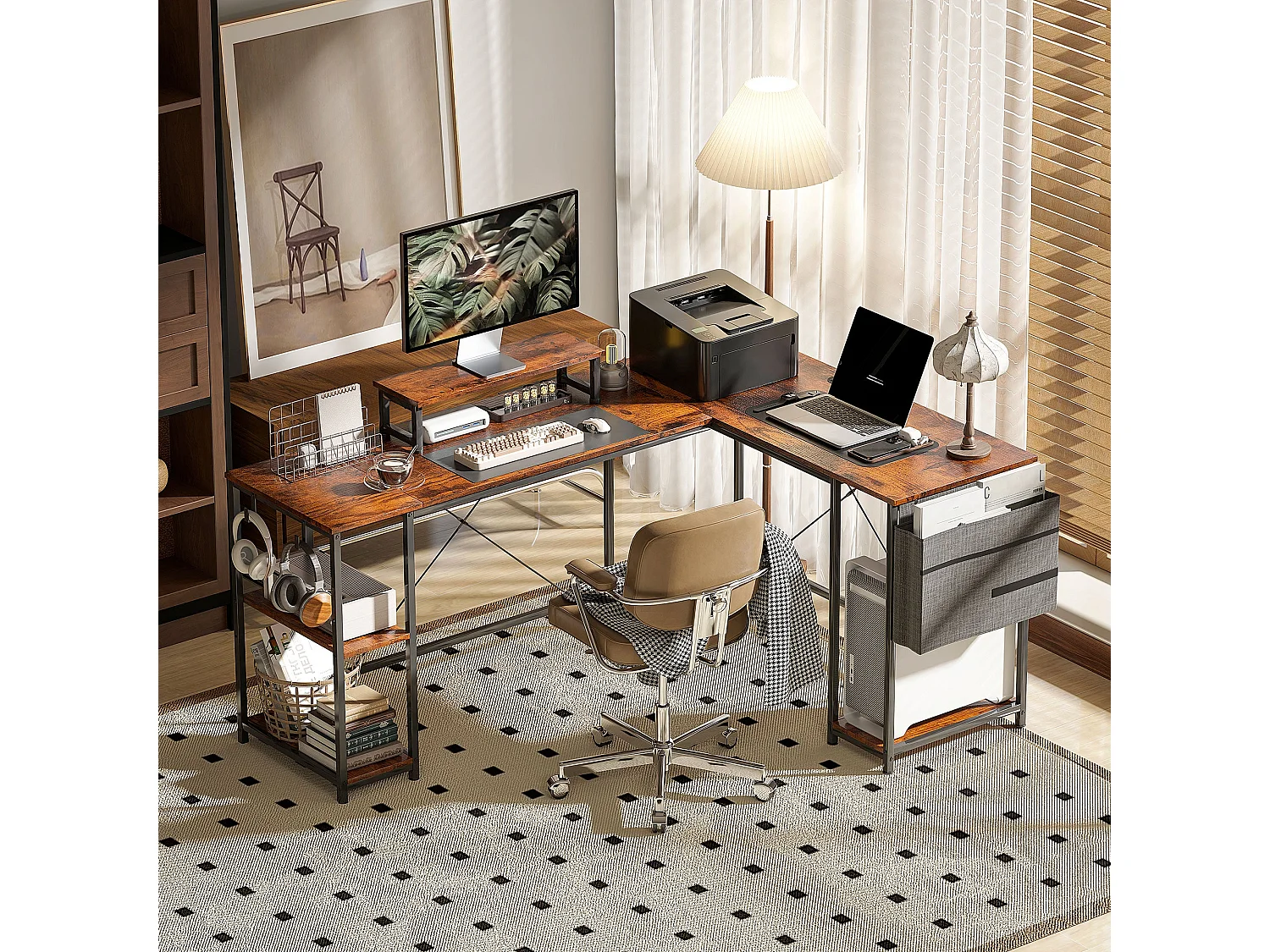 Lesano 168cm Rustic Brown Reversible L Shaped Desk with Adjustable Shelves and Monitor Stand