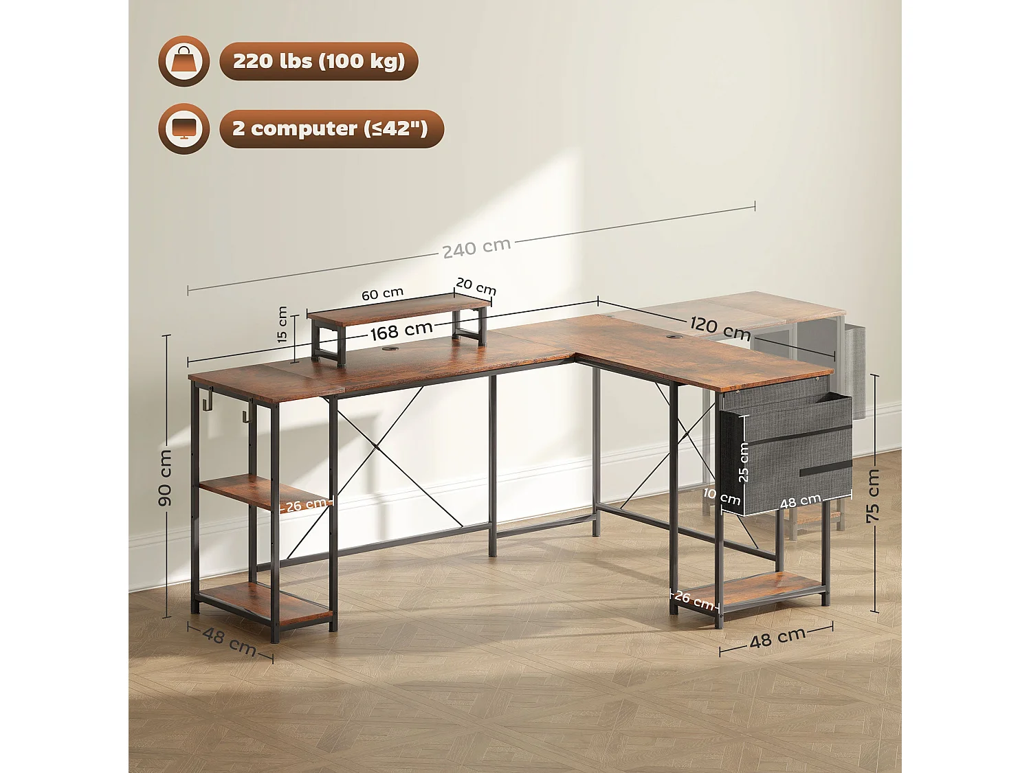 Lesano 168cm Rustic Brown Reversible L Shaped Desk with Adjustable Shelves and Monitor Stand