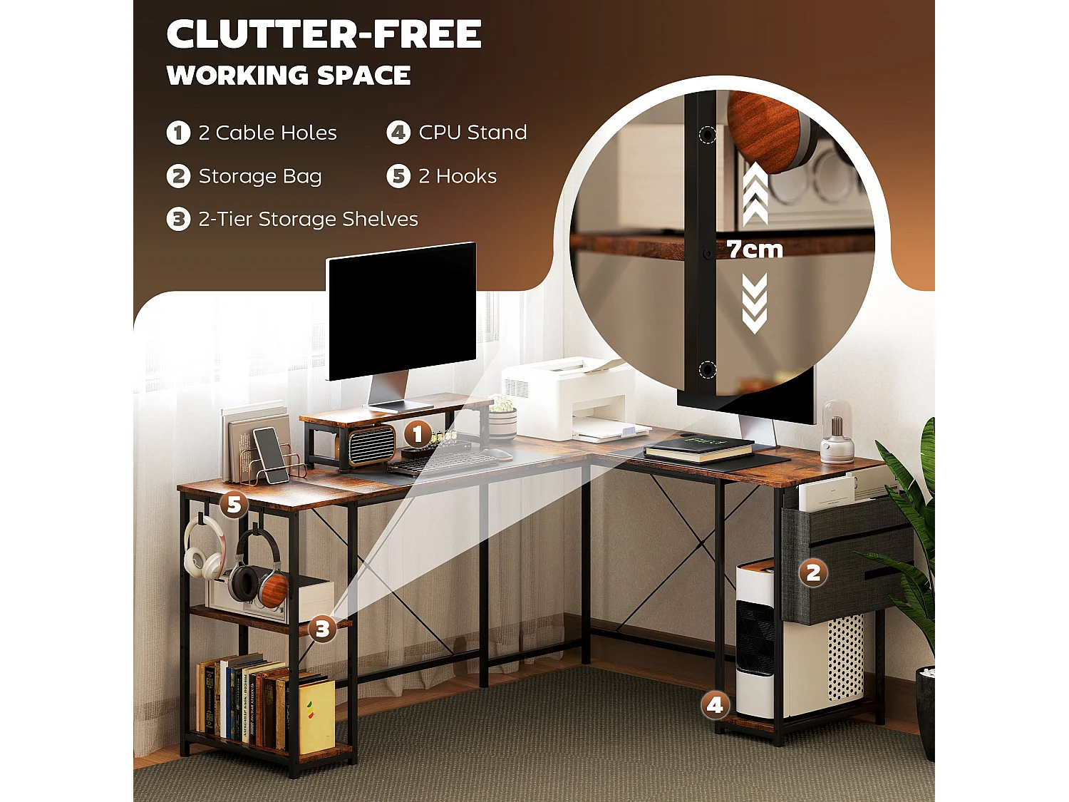Lesano 168cm Rustic Brown Reversible L Shaped Desk with Adjustable Shelves and Monitor Stand