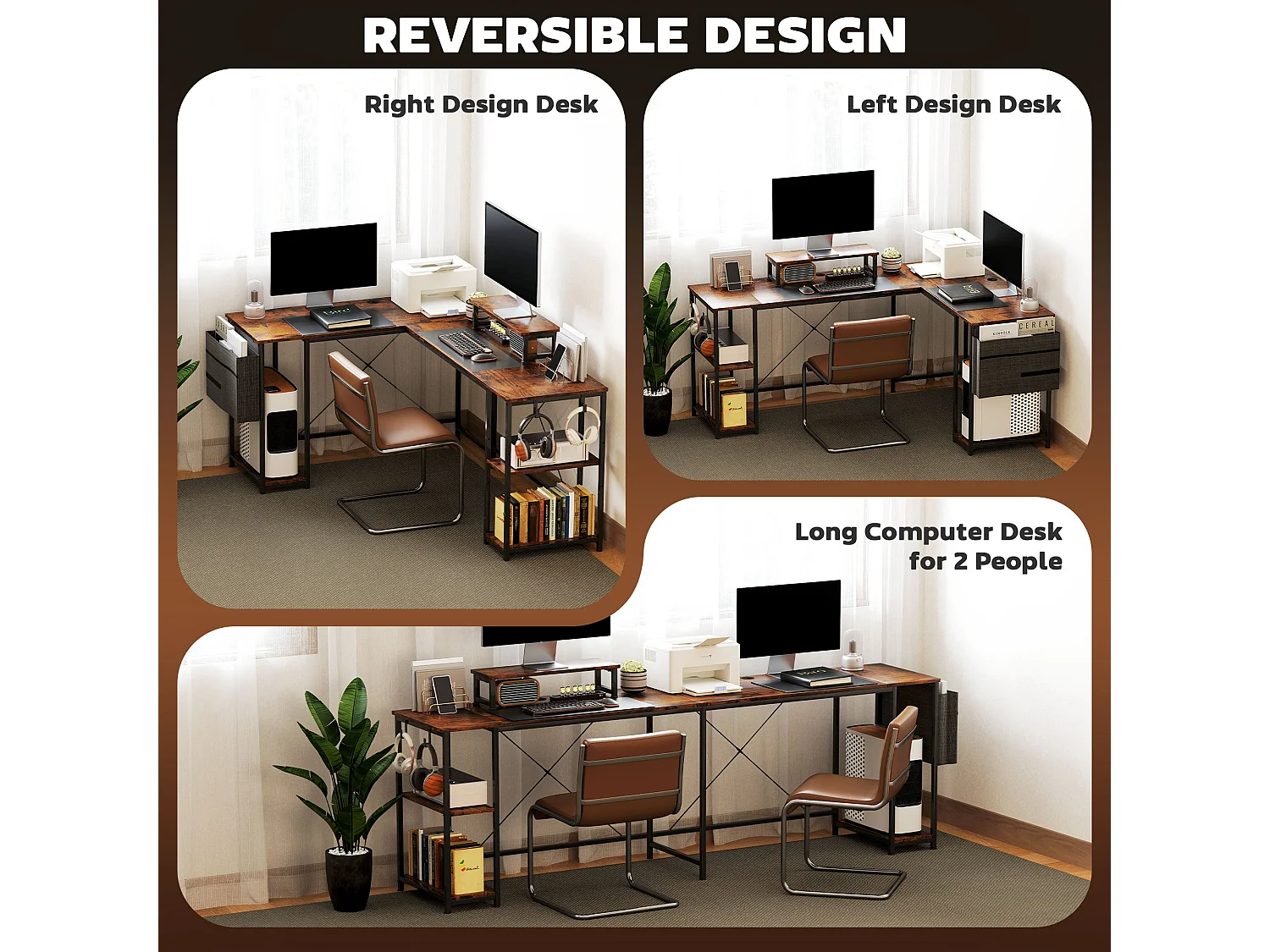 Lesano 168cm Rustic Brown Reversible L Shaped Desk with Adjustable Shelves and Monitor Stand