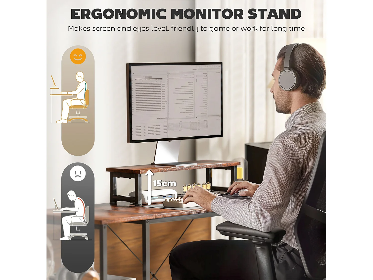 Lesano 168cm Rustic Brown Reversible L Shaped Desk with Adjustable Shelves and Monitor Stand