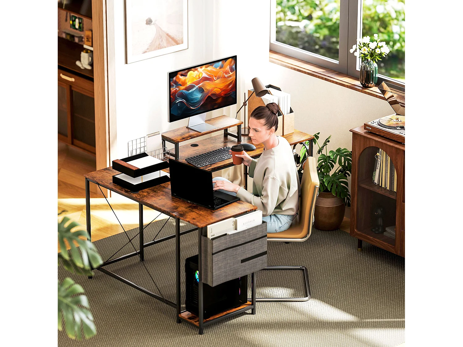 Lesano 168cm Rustic Brown Reversible L Shaped Desk with Adjustable Shelves and Monitor Stand