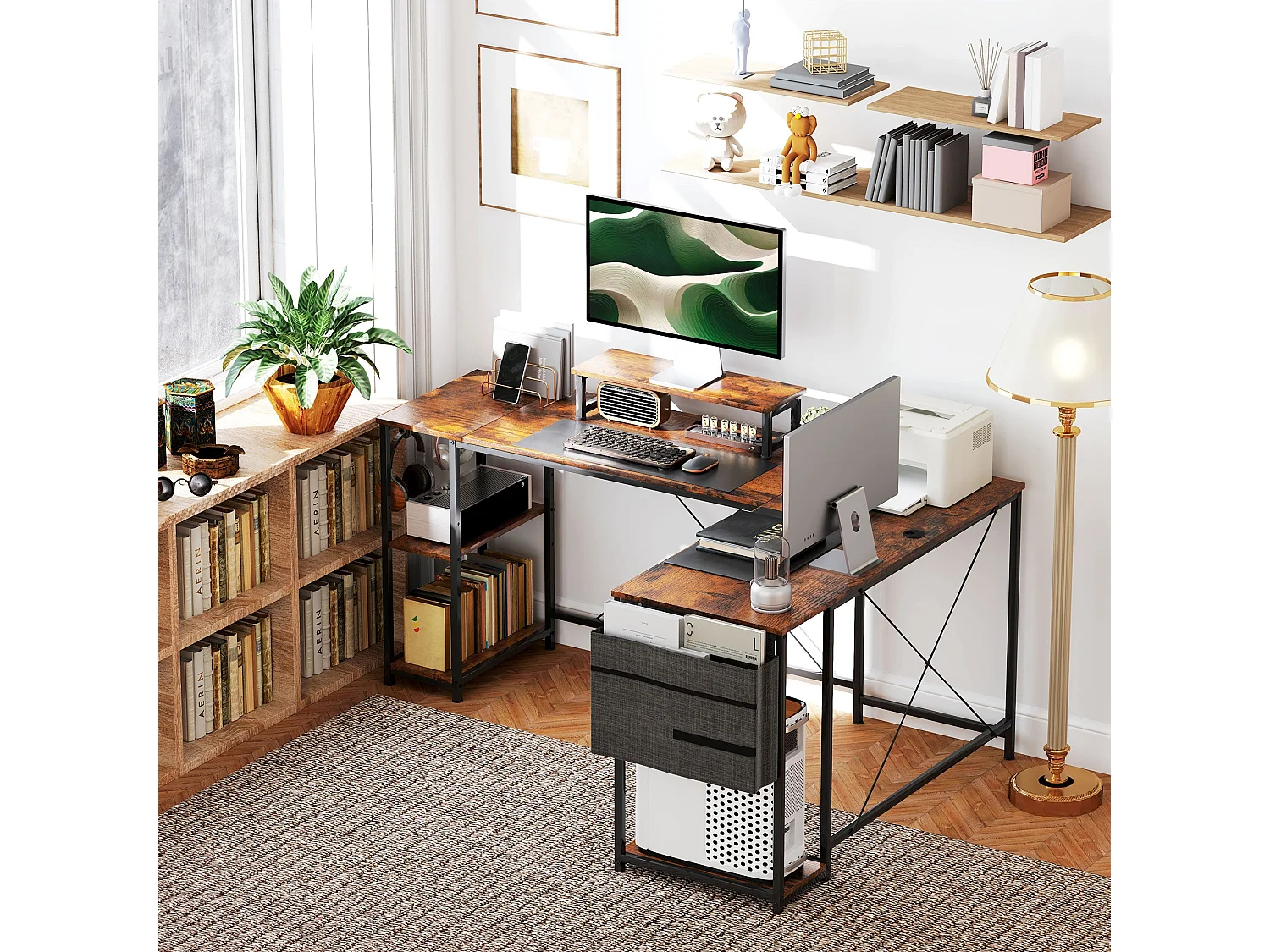 Lesano 168cm Rustic Brown Reversible L Shaped Desk with Adjustable Shelves and Monitor Stand