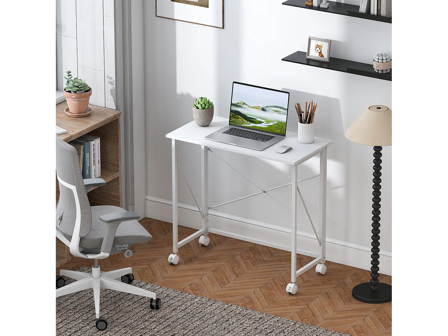 Romira 80cm Folding Desk White Lockable Wheels Lower Shelf