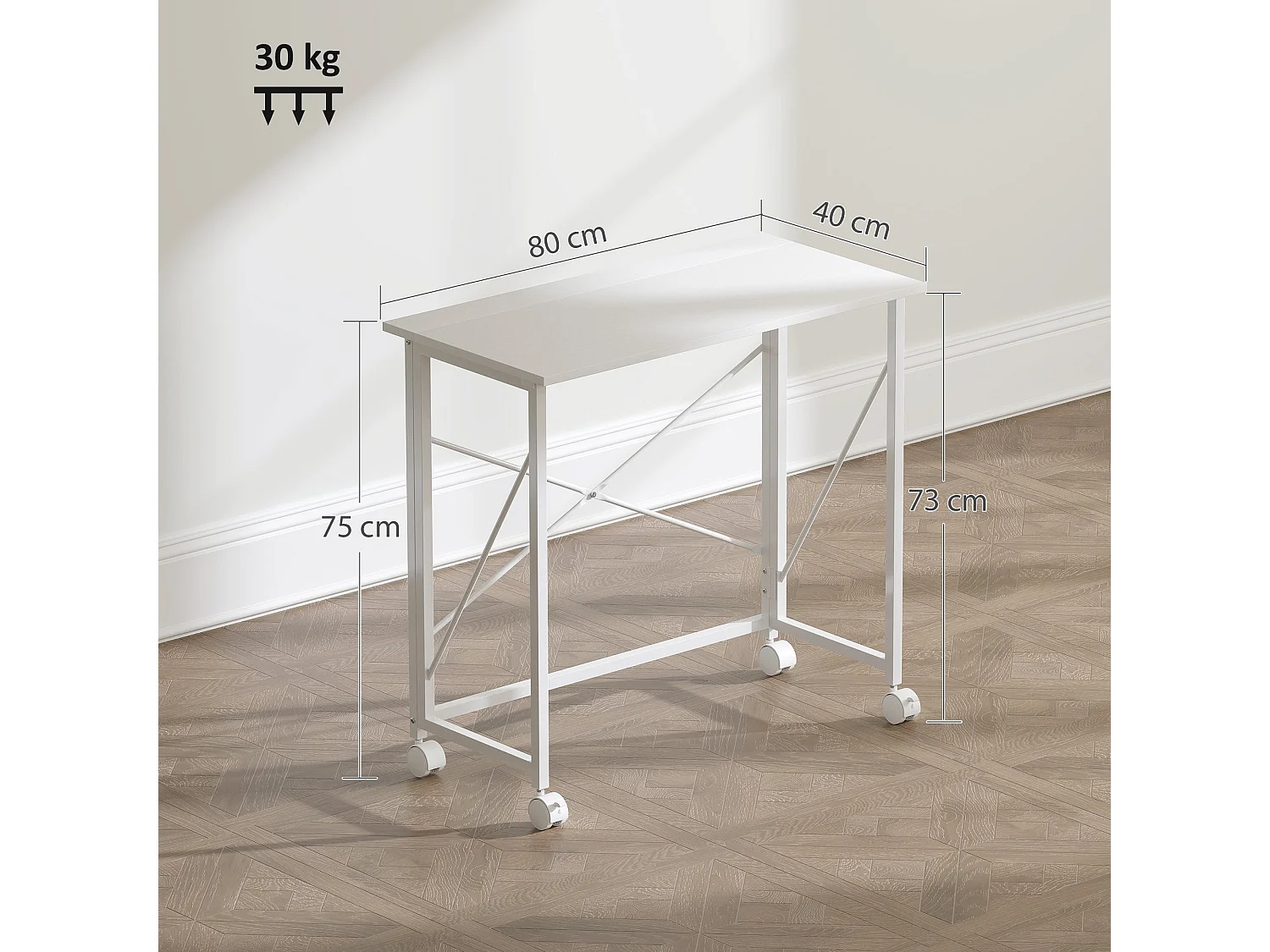 Romira 80cm Folding Desk White Lockable Wheels Lower Shelf