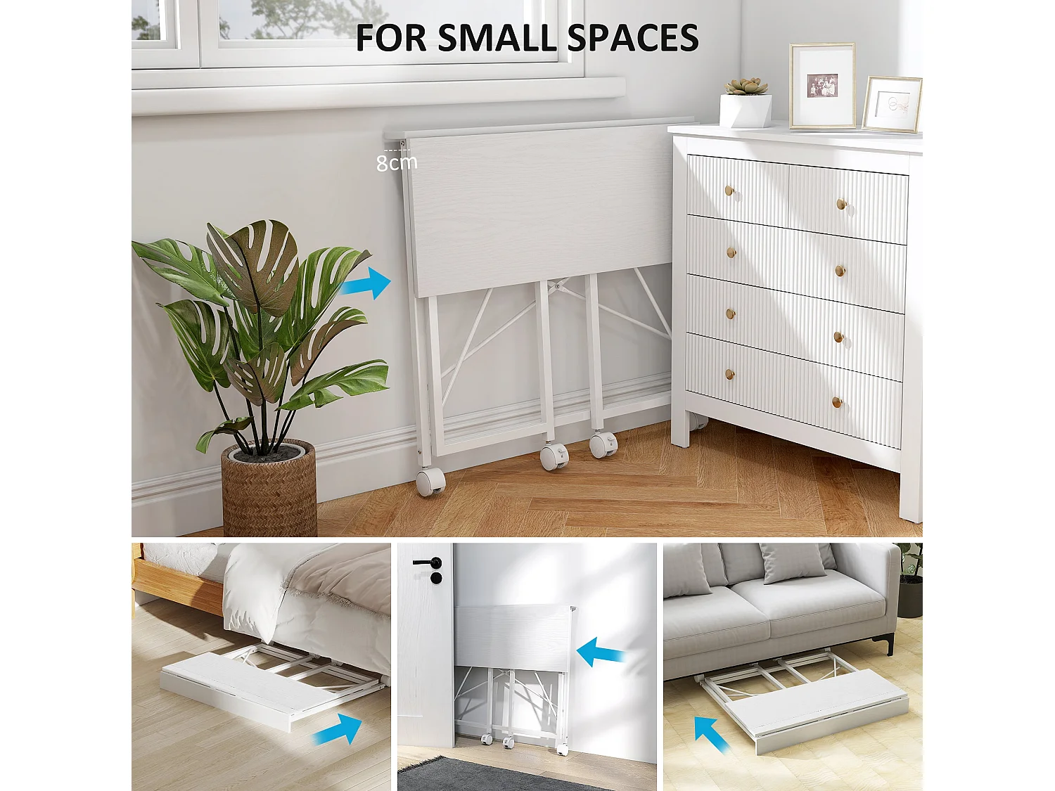 Romira 80cm Folding Desk White Lockable Wheels Lower Shelf