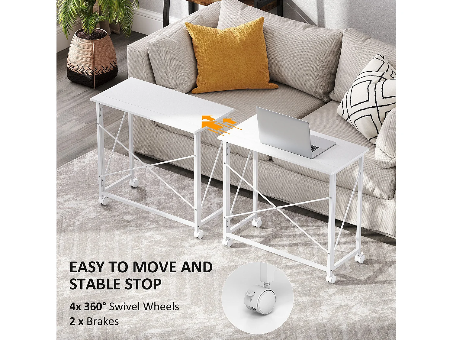 Romira 80cm Folding Desk White Lockable Wheels Lower Shelf