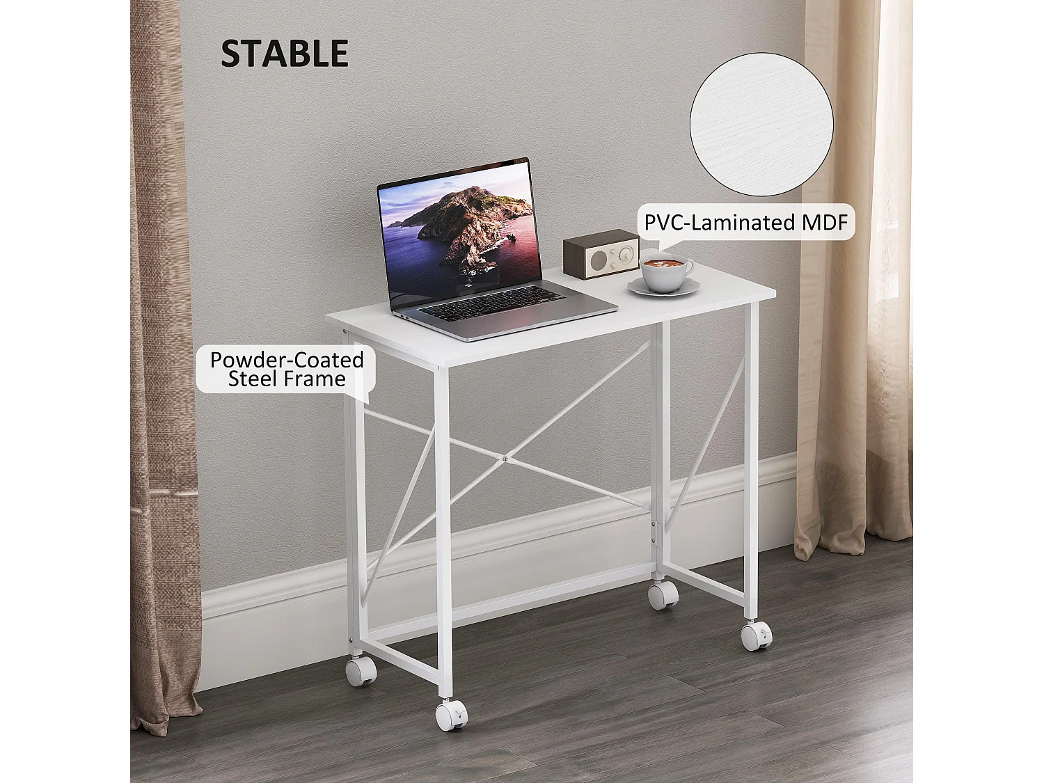 Romira 80cm Folding Desk White Lockable Wheels Lower Shelf