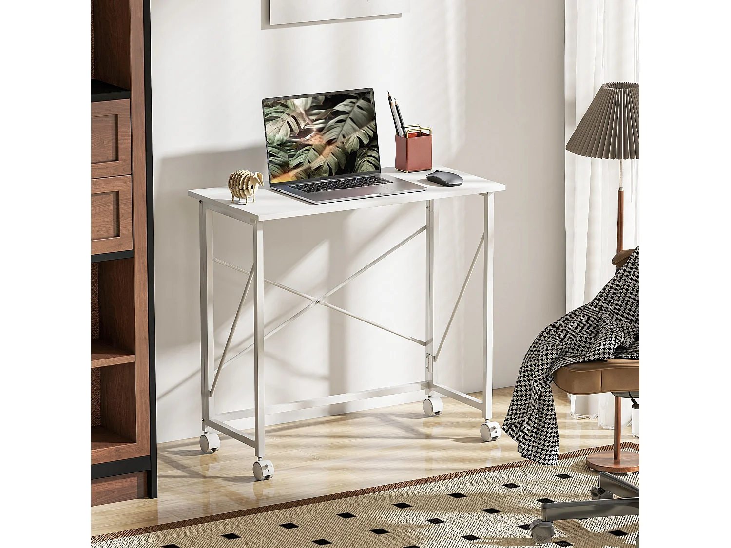 Romira 80cm Folding Desk White Lockable Wheels Lower Shelf
