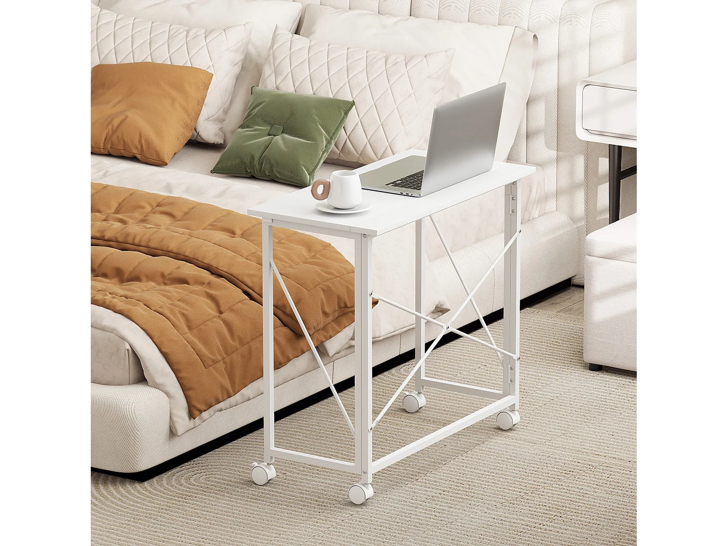 Romira 80cm Folding Desk White Lockable Wheels Lower Shelf