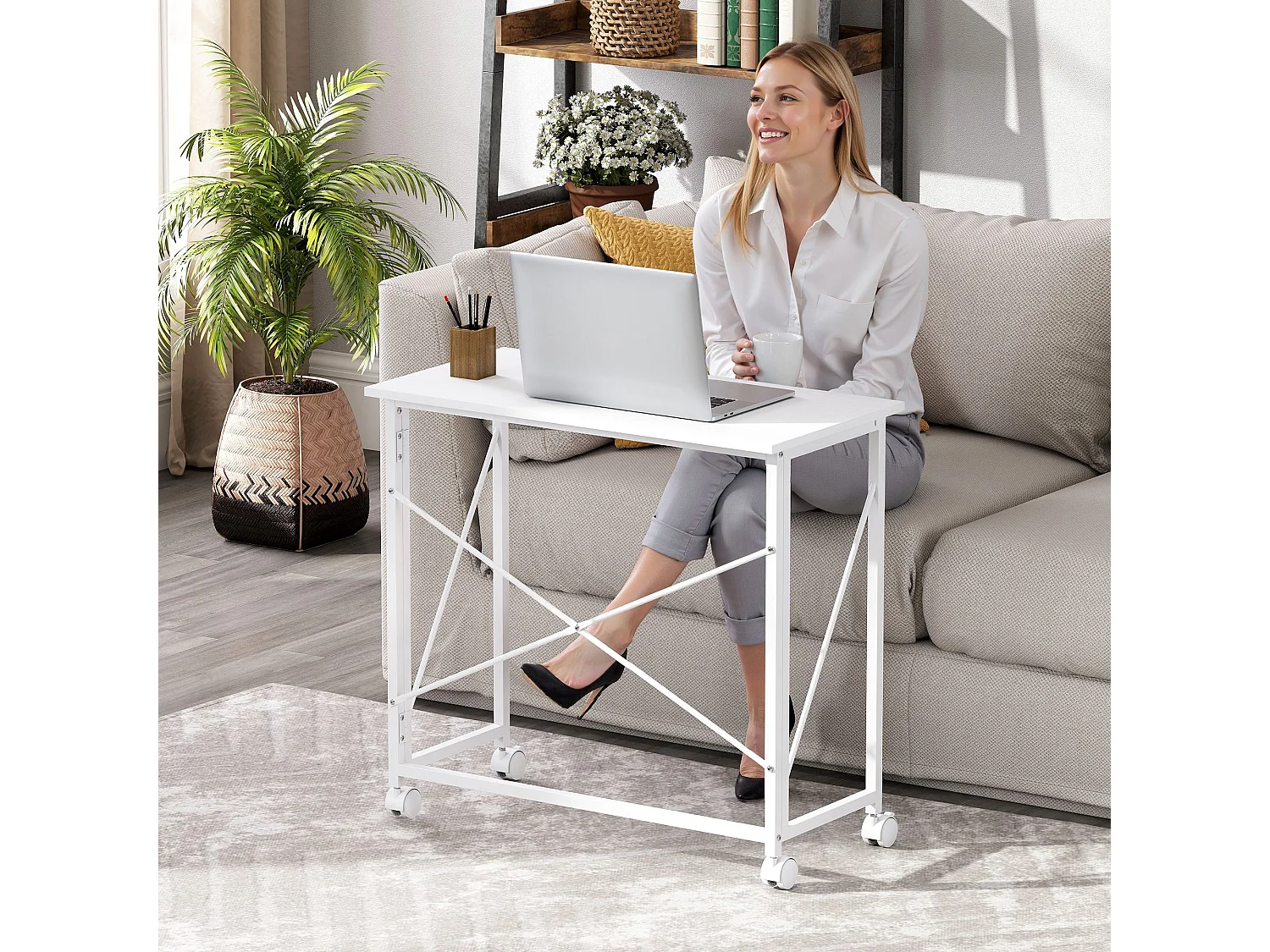 Romira 80cm Folding Desk White Lockable Wheels Lower Shelf