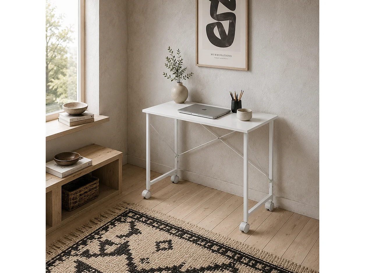Romira 80cm Folding Desk White Lockable Wheels Lower Shelf
