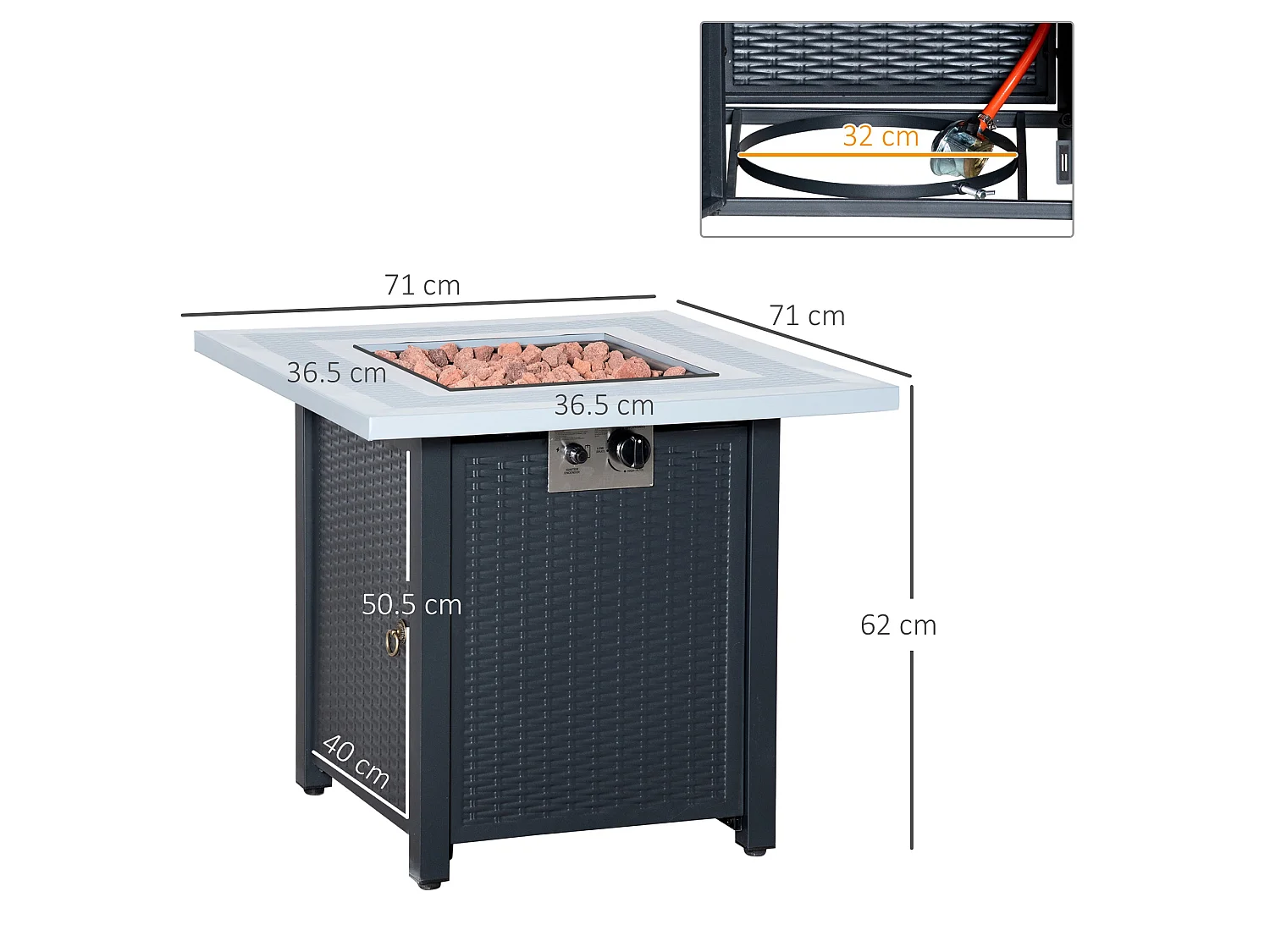 Elmosu Steel and Resin Black Grey Square Gas Fire Pit Table