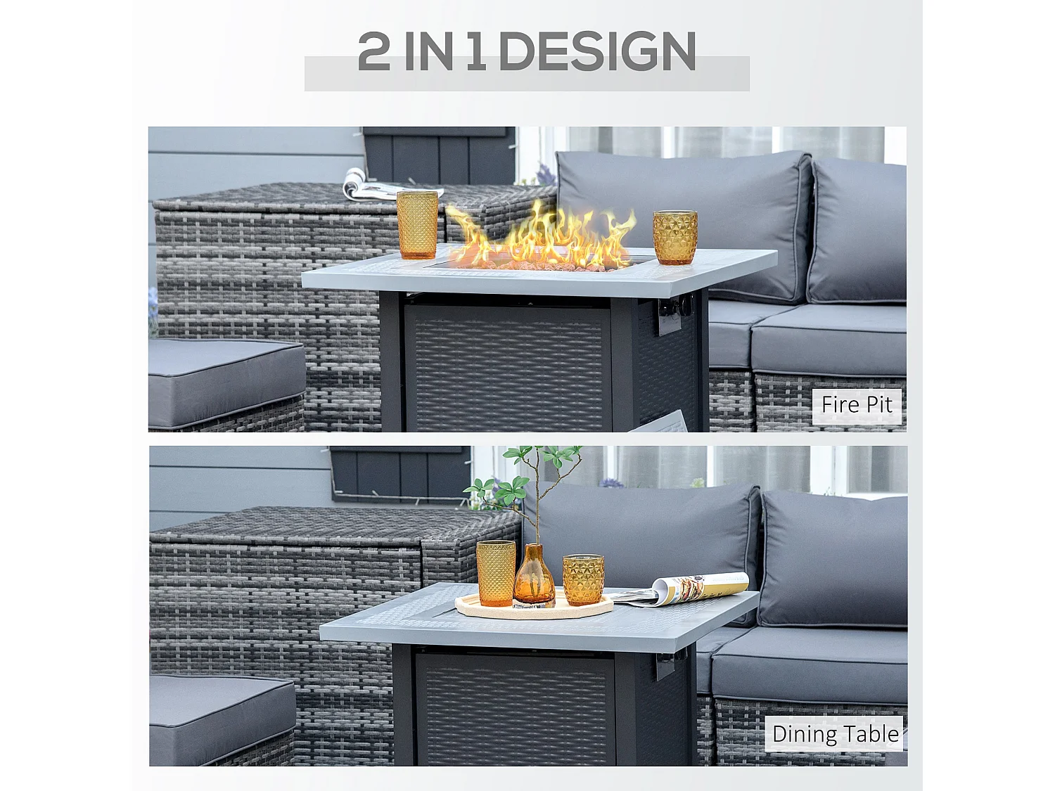 Elmosu Steel and Resin Black Grey Square Gas Fire Pit Table
