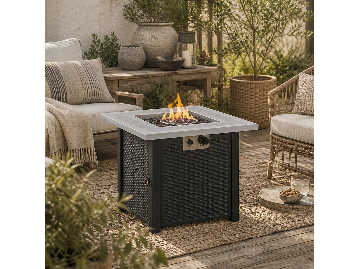 Elmosu Steel and Resin Black Grey Square Gas Fire Pit Table