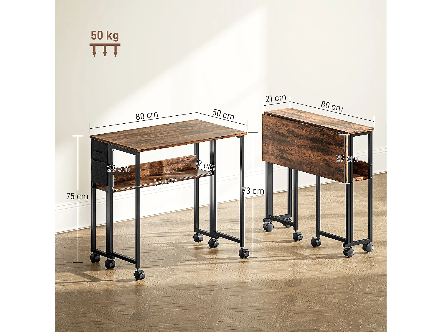 Saha 80cm Rustic Brown Drop Leaf Writing Desk Foldable with Storage