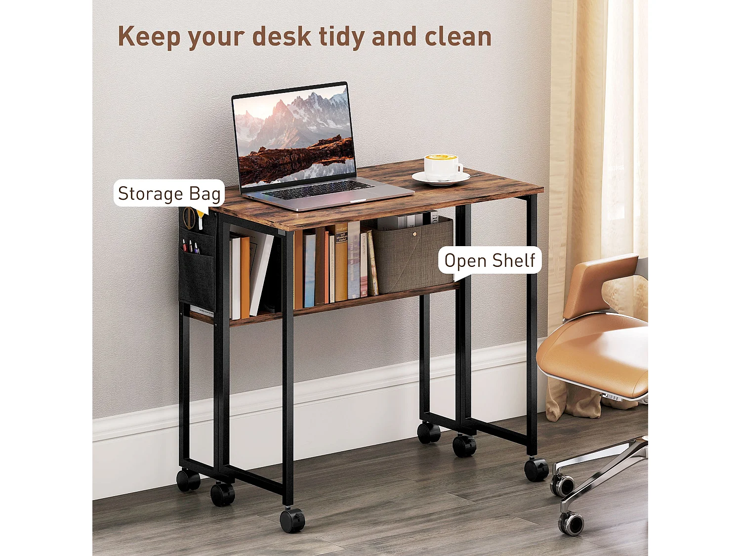 Saha 80cm Rustic Brown Drop Leaf Writing Desk Foldable with Storage