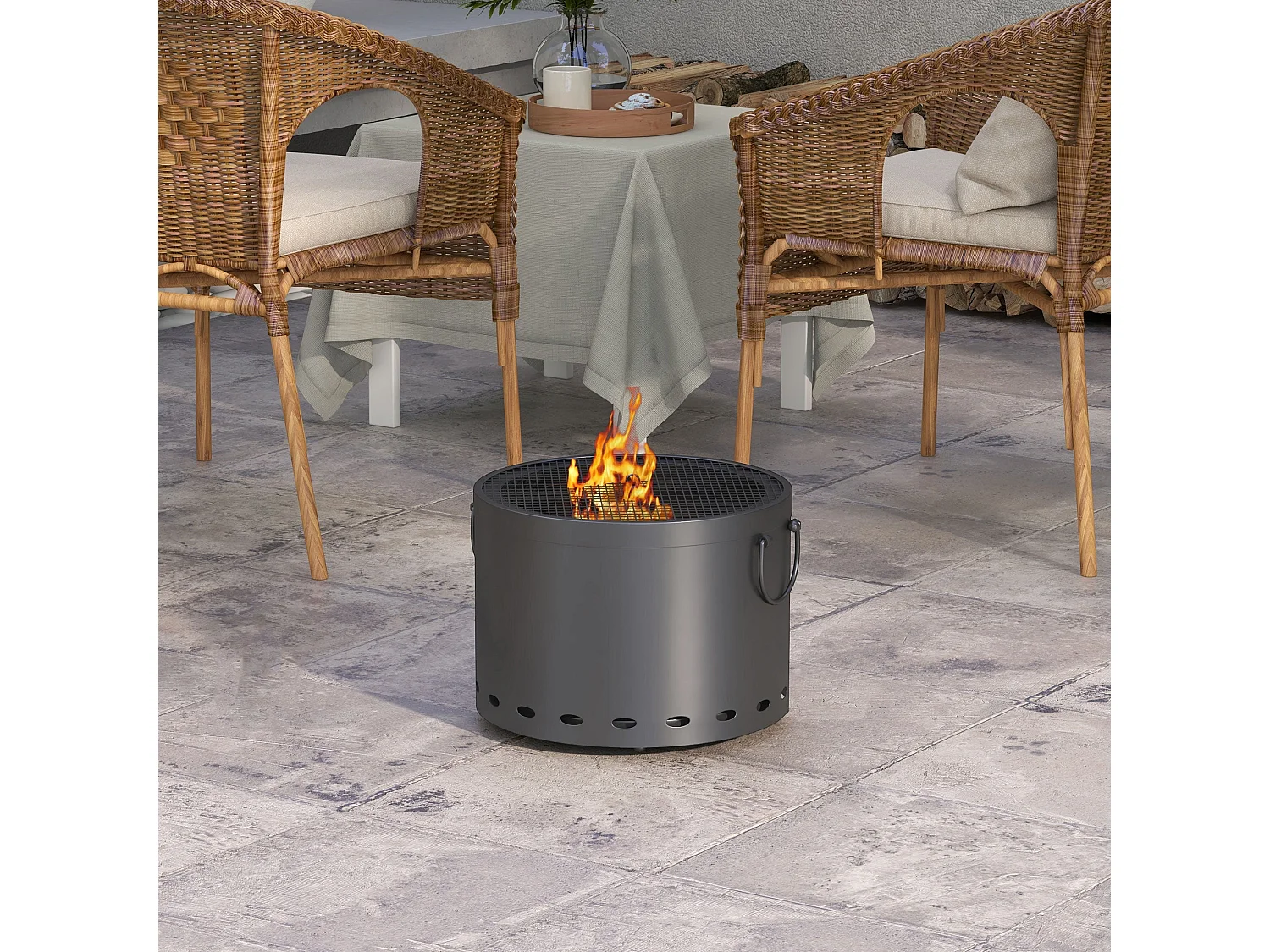 Lasatta 38cm Dark Grey Smokeless Portable Fire Pit with Spark Screen and Poker