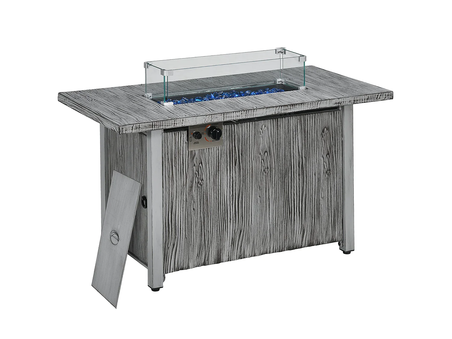 Grey Wood Effect Gas Fire Pit Table 50000 BTU with Cover and Glass Screen