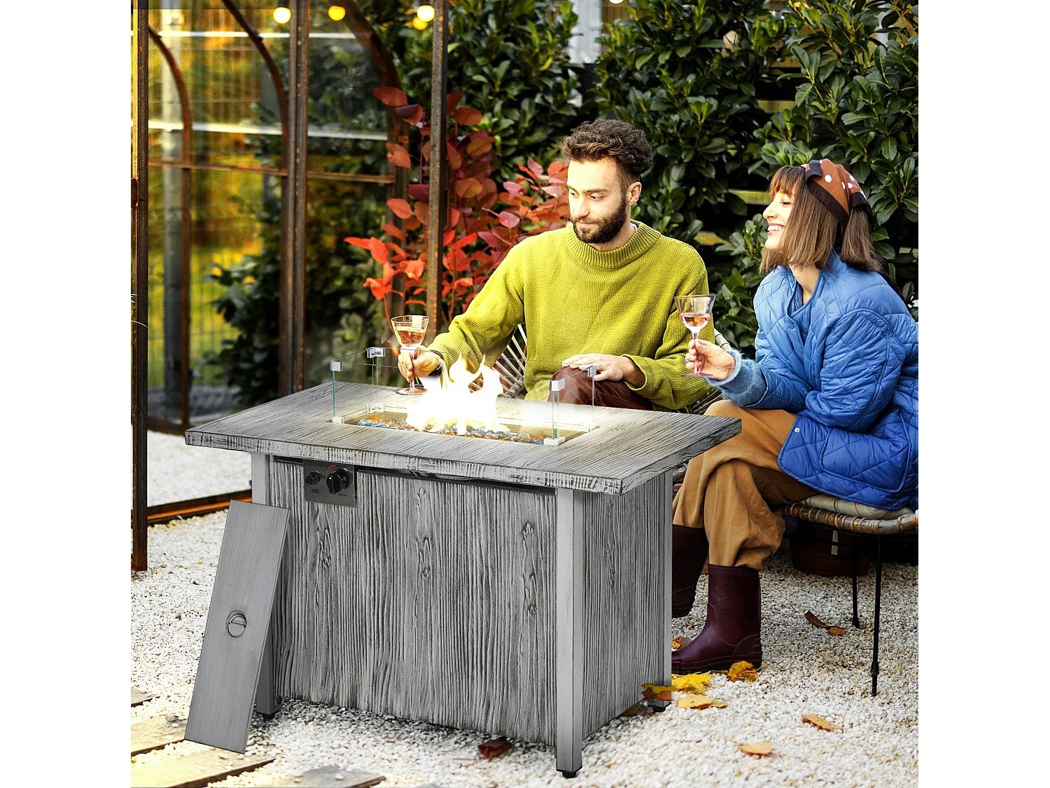 Grey Wood Effect Gas Fire Pit Table 50000 BTU with Cover and Glass Screen