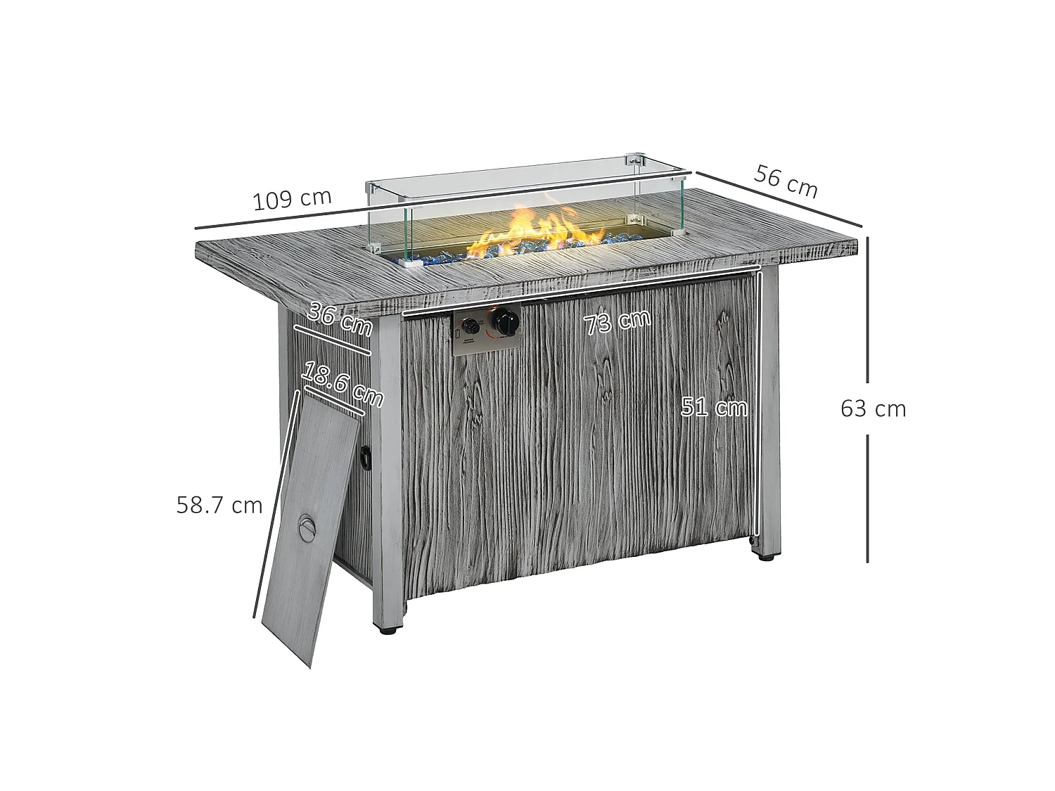 Grey Wood Effect Gas Fire Pit Table 50000 BTU with Cover and Glass Screen