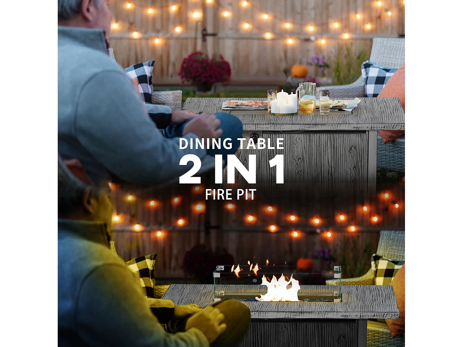 Grey Wood Effect Gas Fire Pit Table 50000 BTU with Cover and Glass Screen